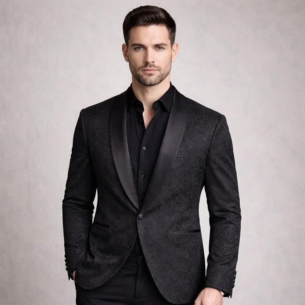 J. Ferrar Super Slim Fit Brocade Black Shawl Lapel Evening Blazer
